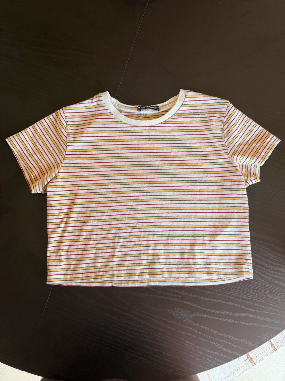 Brandy Melville White Tee with Pink & Yellow Stripe Detail